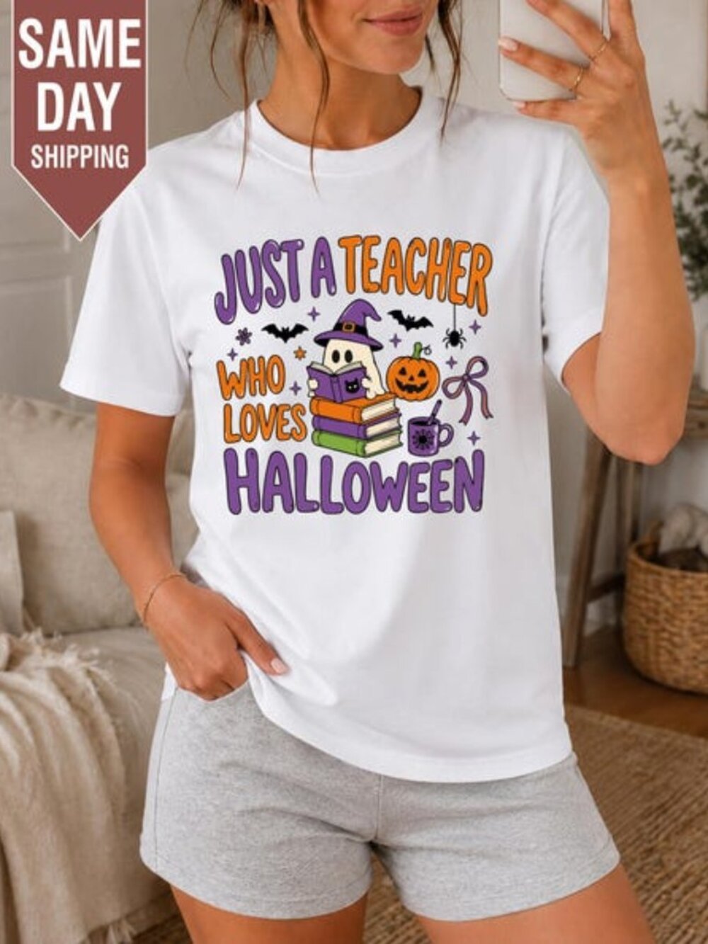 Just A Teacher Who Loves Halloween Shirt, Funny Ghost Teacher T Shirt